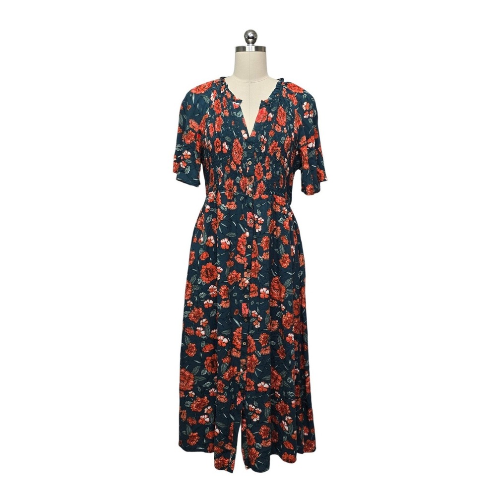 Baltic Born Floral Smocked Midi Dress Teal Orange V-Neck Button Front Size Large
